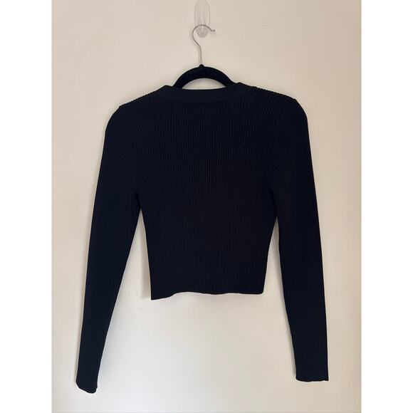 GANNI Melange Ribbed Knit Cropped V-Neck Cardigan – Black, L - Picture 8 of 10